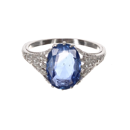 179 - Fine antique platinum sapphire and diamond ring, the oval sapphire 3ct approx, millegrain diamond se... 