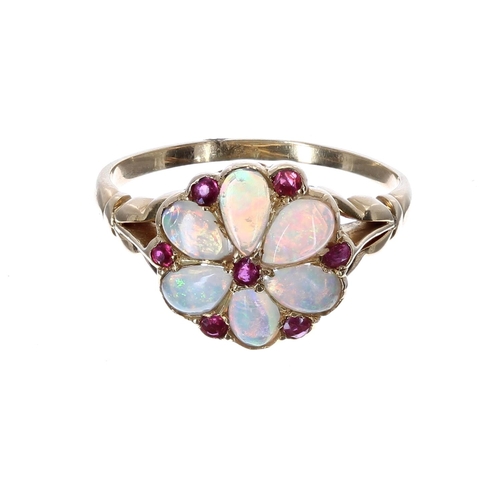 180 - Antique yellow gold ruby and opal cluster ring, 12mm diameter, 3.1gm, ring size O