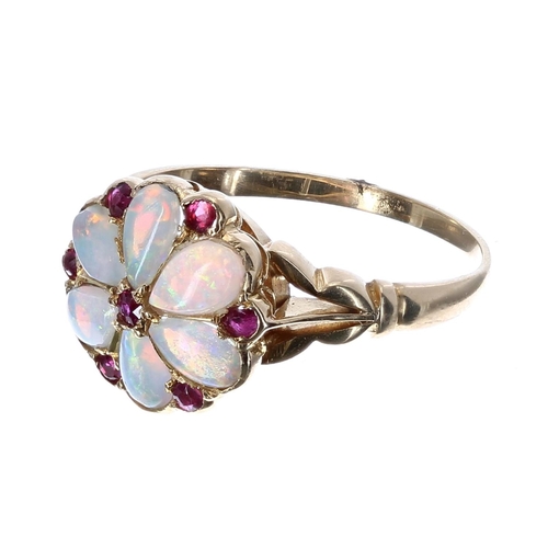 180 - Antique yellow gold ruby and opal cluster ring, 12mm diameter, 3.1gm, ring size O