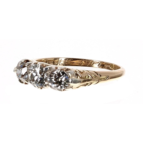 184 - 18ct old brilliant-cut three stone diamond ring in a scroll setting, 1.10ct approx, clarity SI, colo... 