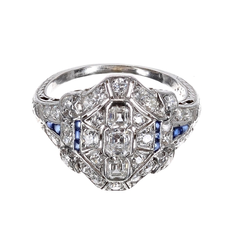 187 - Good quality and attractive sapphire and diamond dress ring in the Art Deco manner, with mixed-cut d... 