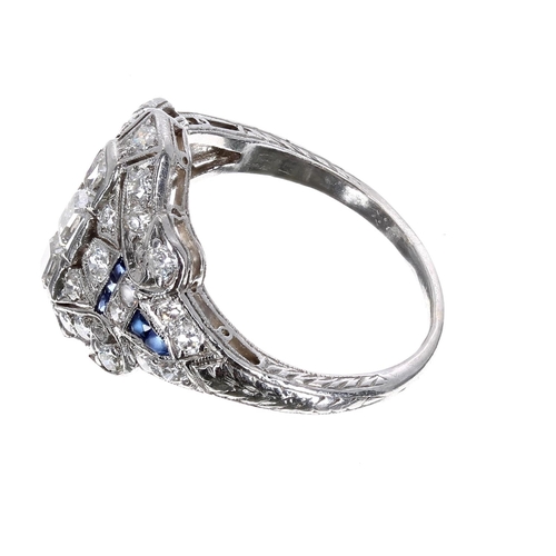 187 - Good quality and attractive sapphire and diamond dress ring in the Art Deco manner, with mixed-cut d... 