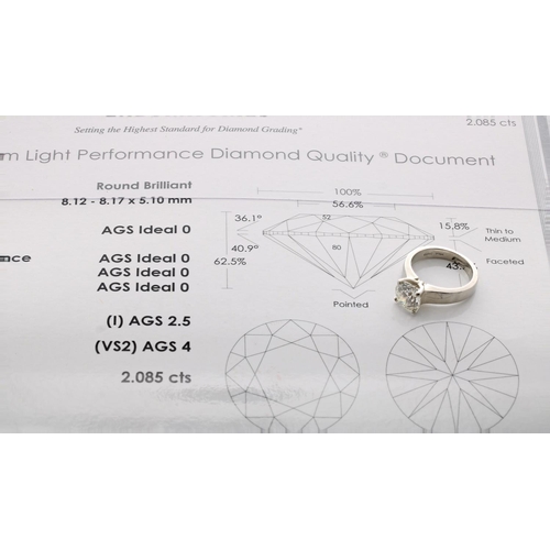 74 - Fine white metal certified diamond ring, round brilliant-cut, 2.085, clarity VS2, colour I, 8mm, 6.3... 