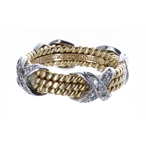 88 - Schlumberger Studios for Tiffany & Co. yellow and white gold diamond set ring, rope X design in 8ct ... 