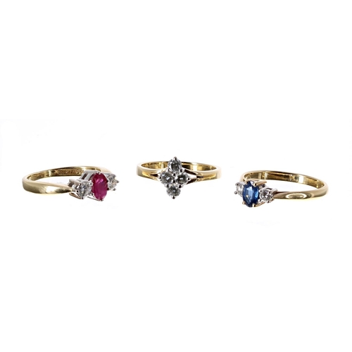 91 - Three 18ct diamond rings to include - 18ct sapphire ruby and diamond trilogy ring, 3.7gm, ring size ... 