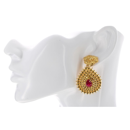 92 - High grade yellow metal earrings and choker set with red stones, 35.7gm, with cord (254)