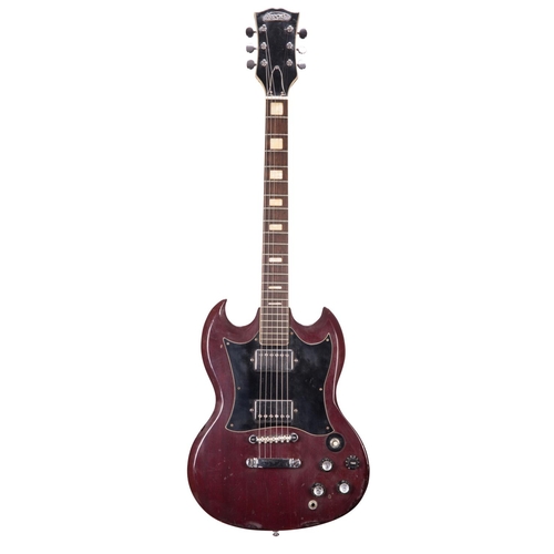 36 - 1970s Avon Model 3404 electric guitar, made in Japan; Finish: wine red, many blemishes, scuffs and s... 