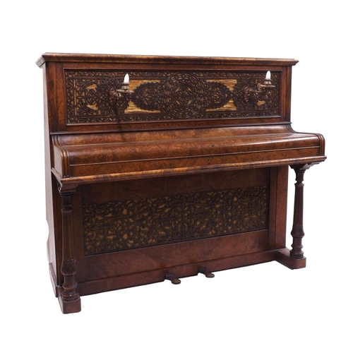 1231 - Upright piano by John Broadwood & Sons, London, 1873, the case of burr walnut with intricately frett... 