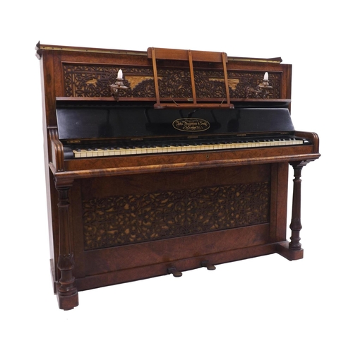 1231 - Upright piano by John Broadwood & Sons, London, 1873, the case of burr walnut with intricately frett... 