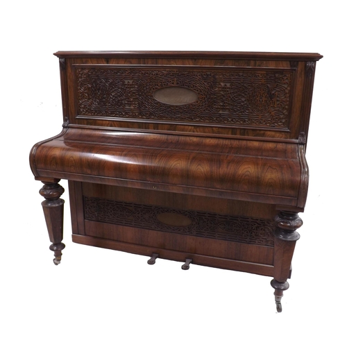 1232 - Upright piano by John Broadwood & Sons, London, 1879, the case of rosewood with two intricately fret... 