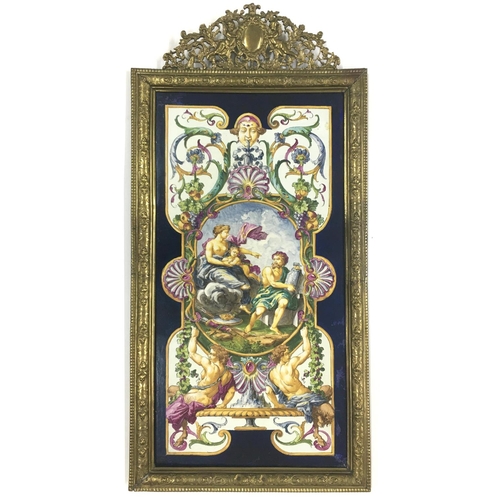 321 - Decorative Continental Maiolica plaque within an ornate cast gilt metal frame, painted with figures ... 