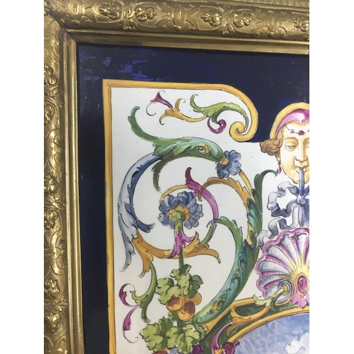 321 - Decorative Continental Maiolica plaque within an ornate cast gilt metal frame, painted with figures ... 