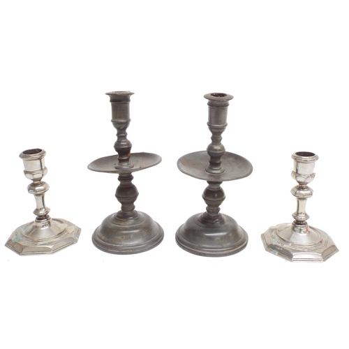 322 - Pair of Dutch Heemskirk pewter candlesticks, with wide drip pans and domed bases, 8