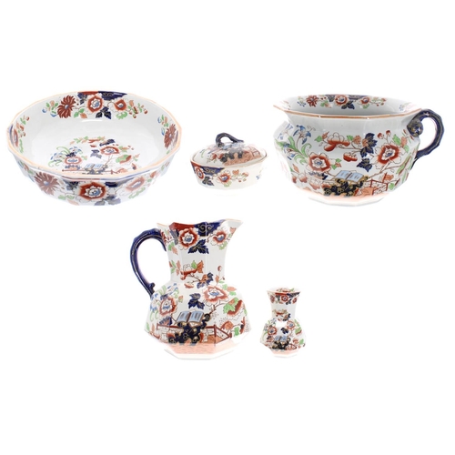 323 - Mason's Patent Ironstone China 'Japan Fence' pattern washing jug and basin, jug with serpent handle,... 