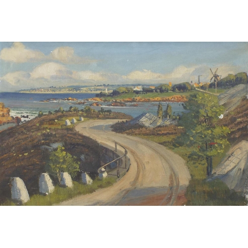 786 - English School (20th/21st century) - Coastal scene with a winding road in the foreground, a windmill... 