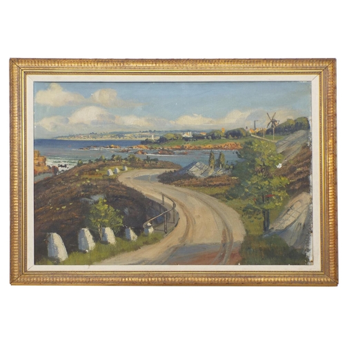 786 - English School (20th/21st century) - Coastal scene with a winding road in the foreground, a windmill... 