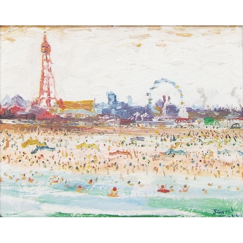 790 - •Simeon Stafford (b. 1956) - 'Blackpool', summer beach scene with figures swimming in the foreground... 