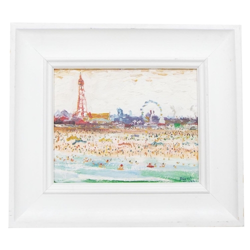 790 - •Simeon Stafford (b. 1956) - 'Blackpool', summer beach scene with figures swimming in the foreground... 