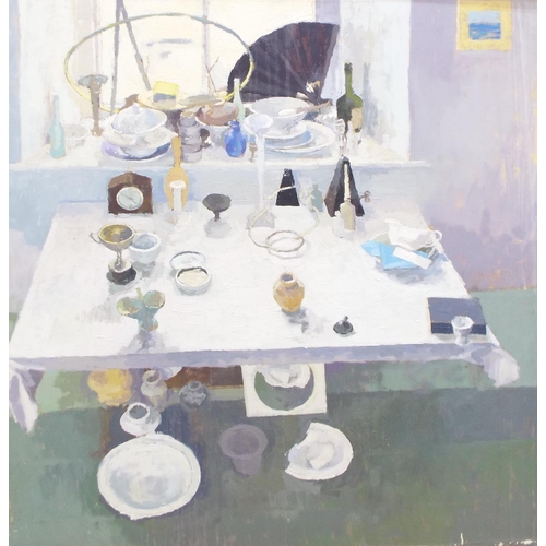 793 - •T* Rickman (20th/21st century) - Interior scene with pottery and other objects upon a sunlit table,... 