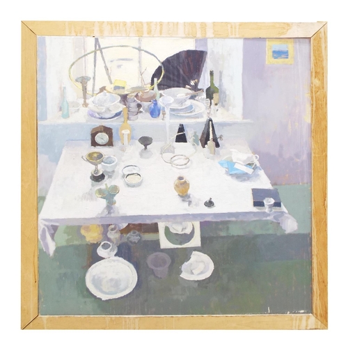 793 - •T* Rickman (20th/21st century) - Interior scene with pottery and other objects upon a sunlit table,... 