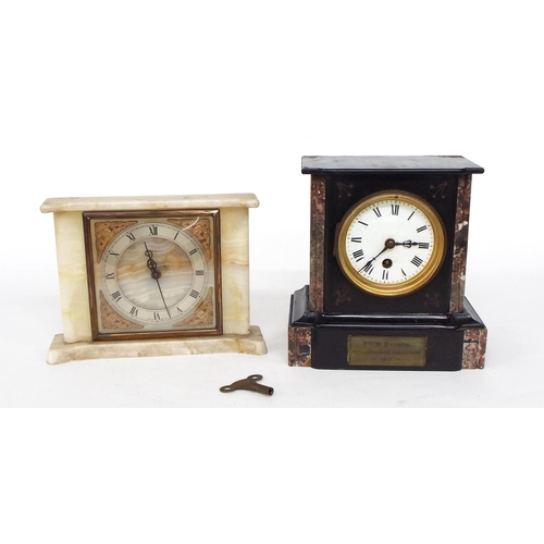 2505 - French black slate and grey marble mantel clock timepiece, 8.25