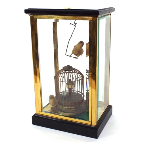 2510 - Novelty reproduction automaton bird cage clock, with three birds, contained within a four glass beve... 