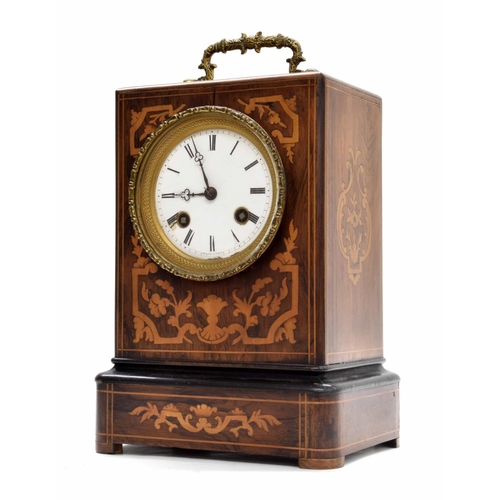 2517 - French rosewood inlaid two train mantel clock, the movement back plate signed Denard á Paris, with o... 