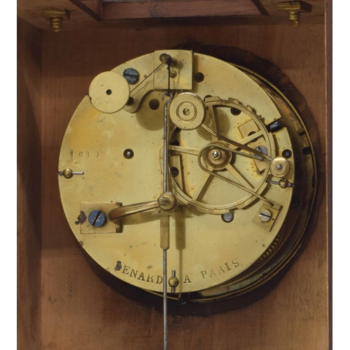 2517 - French rosewood inlaid two train mantel clock, the movement back plate signed Denard á Paris, with o... 