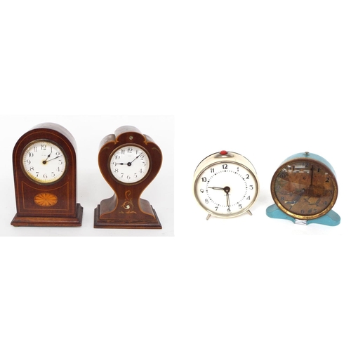 2521 - Two small mahogany inlaid eight day mantel clock timepieces, both approx 8.25