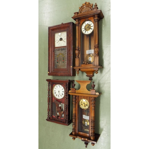 2611 - Two small two train Vienna regulator wall clocks (both with pendulums and keys); also another two tr... 