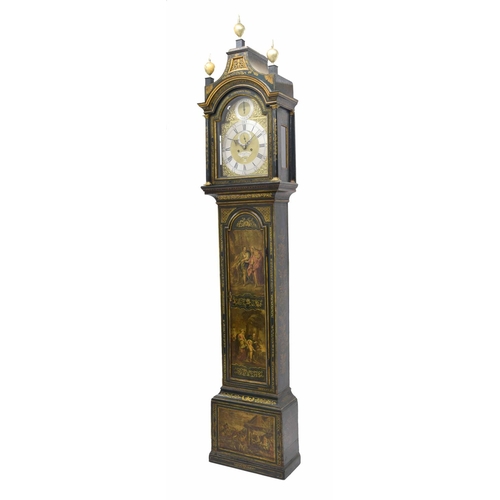 Good green lacquer and painted eight day longcase clock with five ...