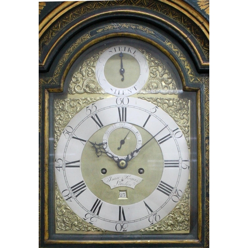 Good green lacquer and painted eight day longcase clock with five ...