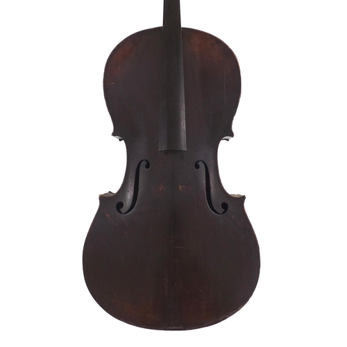 2510 - Mid 19th century violoncello, unlabelled, the two piece back of faint medium curl with similar wood ... 