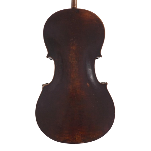 2510 - Mid 19th century violoncello, unlabelled, the two piece back of faint medium curl with similar wood ... 