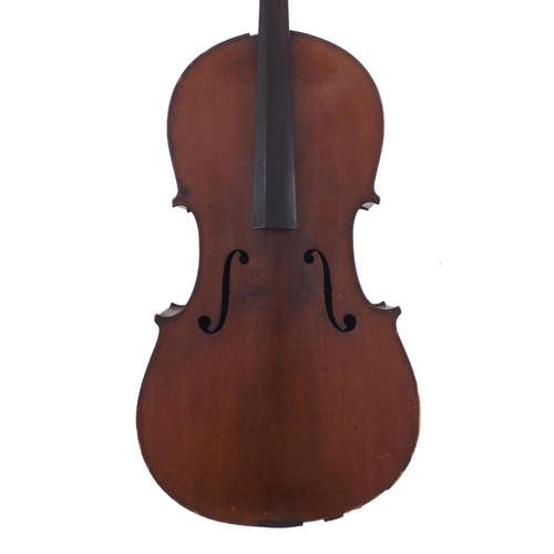 2511 - German Stradivari copy violoncello circa 1900, the two piece back of faint medium curl with similar ... 