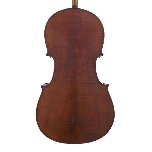 2511 - German Stradivari copy violoncello circa 1900, the two piece back of faint medium curl with similar ... 