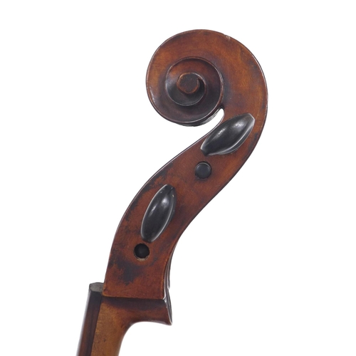 2511 - German Stradivari copy violoncello circa 1900, the two piece back of faint medium curl with similar ... 