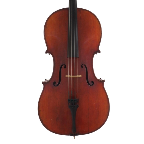 2513 - Late 19th century violoncello, unlabelled, the two piece back of faint medium curl with similar wood... 