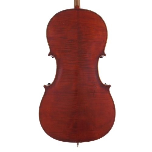 2513 - Late 19th century violoncello, unlabelled, the two piece back of faint medium curl with similar wood... 