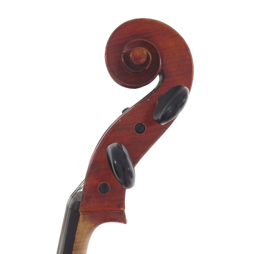 2513 - Late 19th century violoncello, unlabelled, the two piece back of faint medium curl with similar wood... 