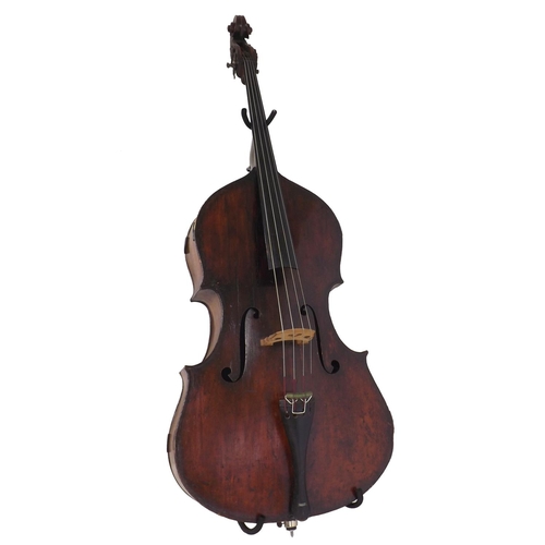 2520 - Very interesting 18th century double bass, unlabelled, the two piece back of faint medium curl with ... 