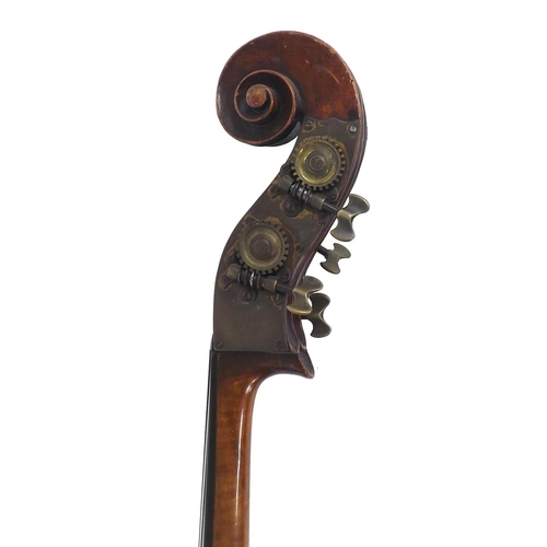 2520 - Very interesting 18th century double bass, unlabelled, the two piece back of faint medium curl with ... 