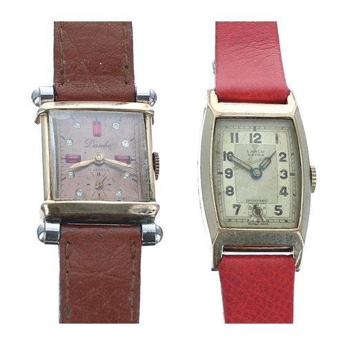 597 - Vintage rectangular gold plated and stainless steel gentleman's wristwatch, square bronze gem set di... 