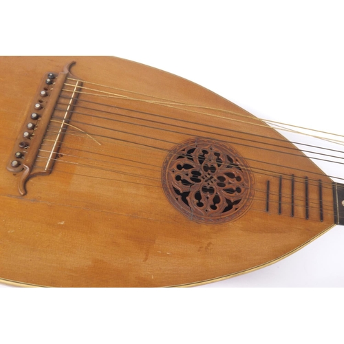 1206 - Interesting German seventeen string theorbo lute circa 1900, with segmented satinwood maple back and... 