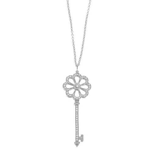 137 - Tiffany & Co diamond and platinum 'Bloom Key' pendant on 18k necklace, 9gm, signed, 48mm x 17mm,... 