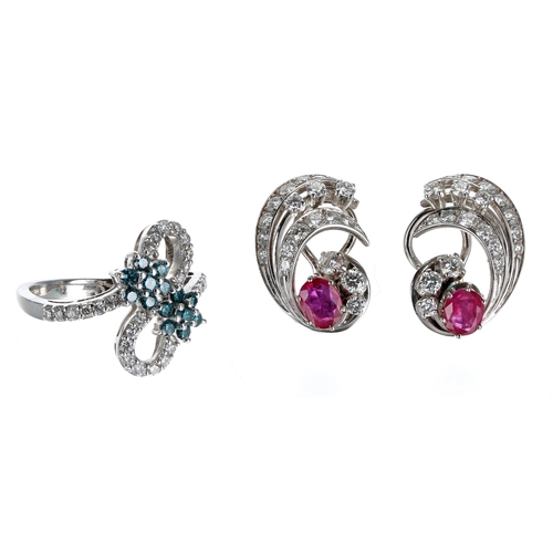 138 - Pair of 18k white gold ruby and diamond earrings, the oval rubies in each 0.60ct approx, diamonds 1.... 