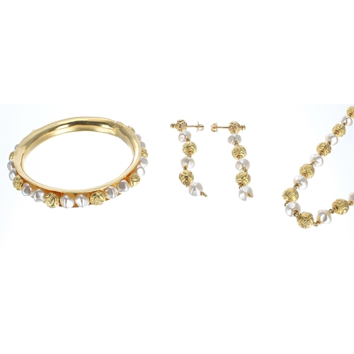 91 - Gold and pearl set bangle, necklace and earrings, 80.1gm  (140187-1-E)