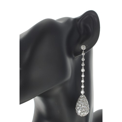 142 - Very fine pair of white gold diamond set pear shaped drop earrings, each set with single stone studs... 