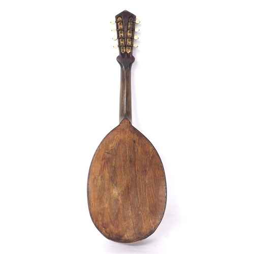 1215 - Interesting and unusual unlabelled pear shaped flatback mandolin, with classical inlay to the chevro... 