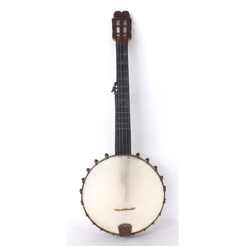 1230 - English seven string fretless banjo circa 1880 stamped J.C. Lucas under the perch rod, with inlaid f... 